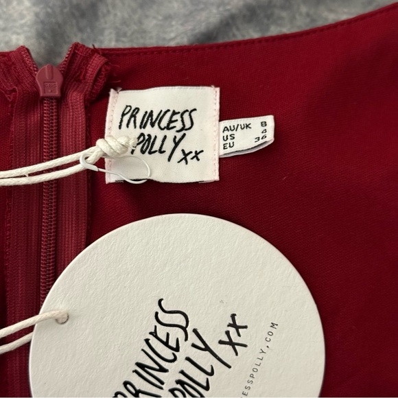 Princess Polly Villa‎ Mini Dress Burgundy Wrap Tie Square Neck Ruffle Hem Size 4 - Picture 9 of 11